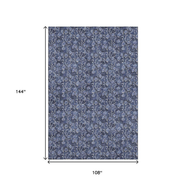 HomeRoots 9' X 12' Navy Blue & Ivory Floral Area Rug - Washable, Durable, UV-Protected for Busy Homes 656453