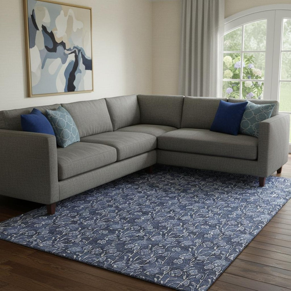 HomeRoots 9' X 12' Navy Blue & Ivory Floral Area Rug - Washable, Durable, UV-Protected for Busy Homes 656453