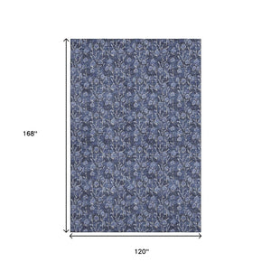 HomeRoots 10' Navy Blue and Ivory Floral Area Rug - Durable, Washable, UV-Protected for Modern Homes 656454