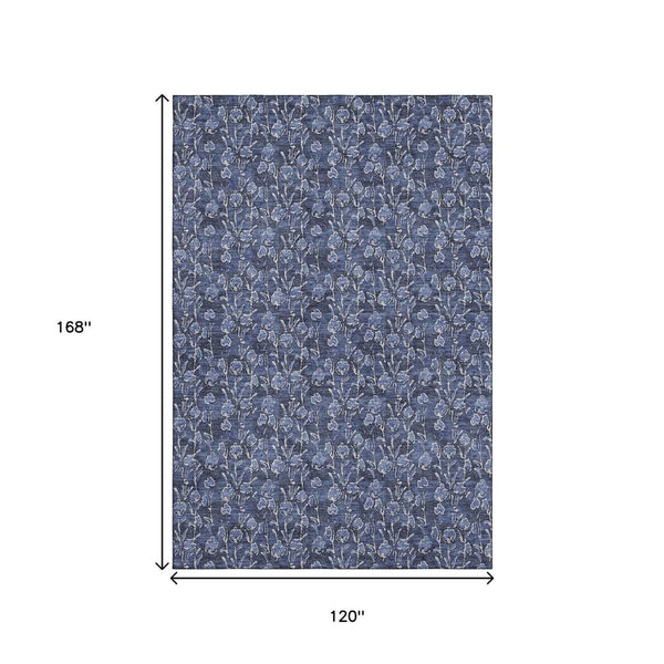HomeRoots 10' Navy Blue and Ivory Floral Area Rug - Durable, Washable, UV-Protected for Modern Homes 656454