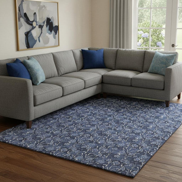 HomeRoots 10' Navy Blue and Ivory Floral Area Rug - Durable, Washable, UV-Protected for Modern Homes 656454