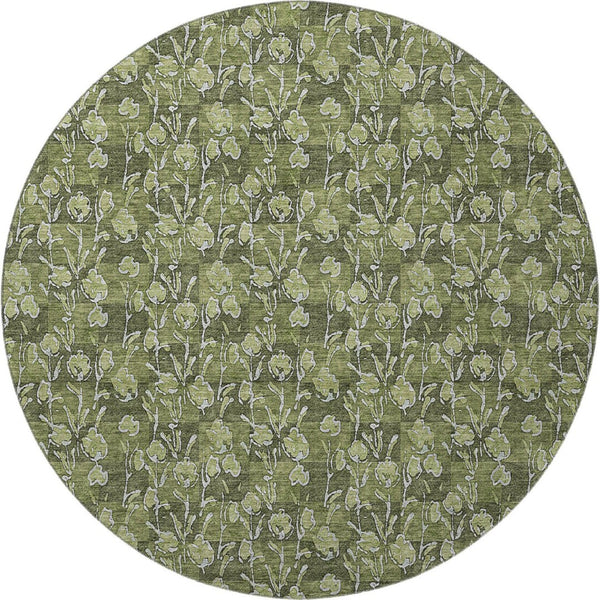 HomeRoots 8' Olive Green Floral Round Rug with UV Protection - Durable, Washable, and Ideal for Indoor/Outdoor Use 656457
