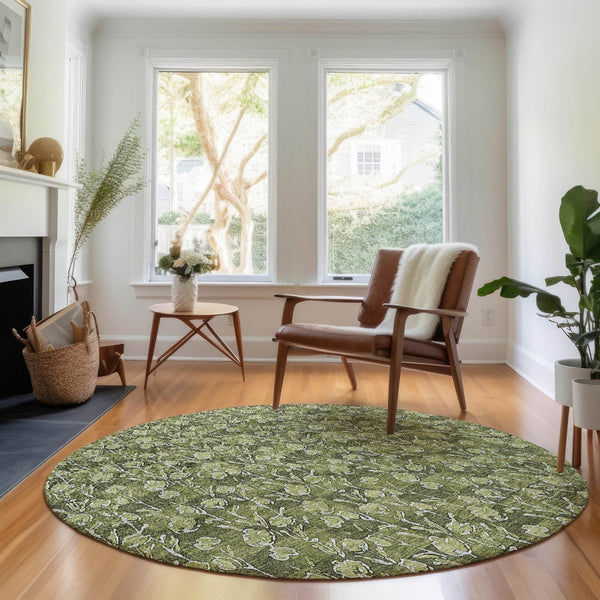 HomeRoots 8' Olive Green Floral Round Rug with UV Protection - Durable, Washable, and Ideal for Indoor/Outdoor Use 656457