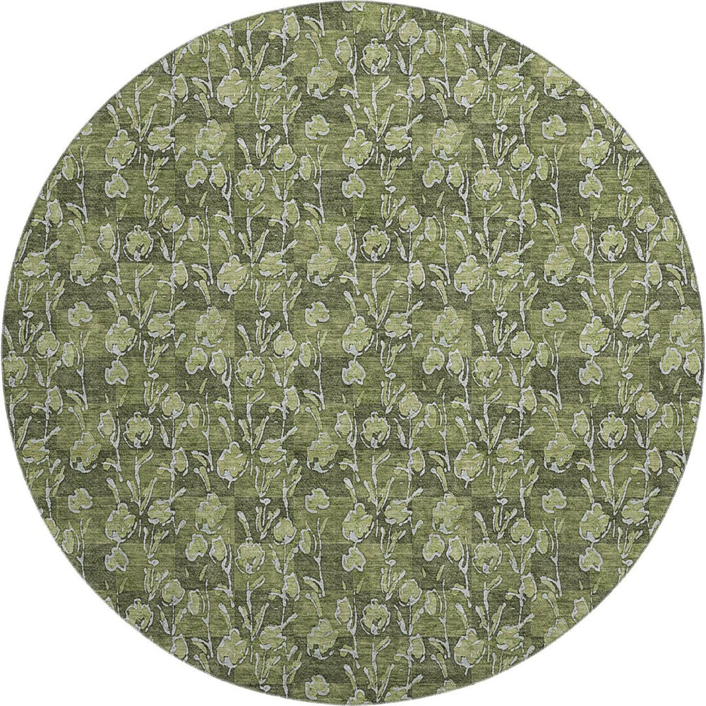 HomeRoots 8' Olive Green Floral Round Rug with UV Protection - Durable, Washable, and Ideal for Indoor/Outdoor Use 656457
