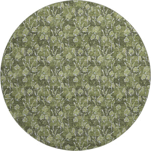 HomeRoots 8' Olive Green Floral Round Rug with UV Protection - Durable, Washable, and Ideal for Indoor/Outdoor Use 656457