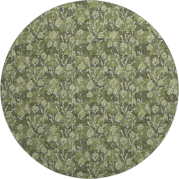 HomeRoots 8' Olive Green Floral Round Rug with UV Protection - Durable, Washable, and Ideal for Indoor/Outdoor Use 656457
