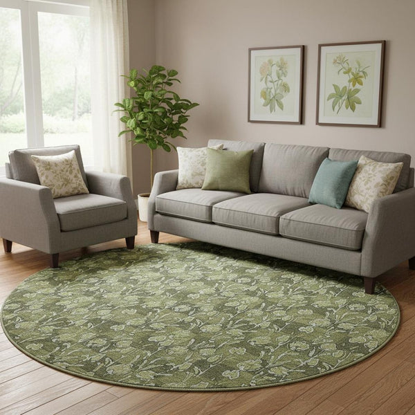 HomeRoots 8' Olive Green Floral Round Rug with UV Protection - Durable, Washable, and Ideal for Indoor/Outdoor Use 656457