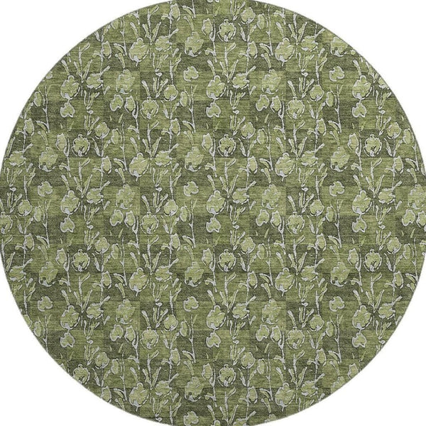 HomeRoots 8' Olive Green Floral Round Rug with UV Protection - Durable, Washable, and Ideal for Indoor/Outdoor Use 656457