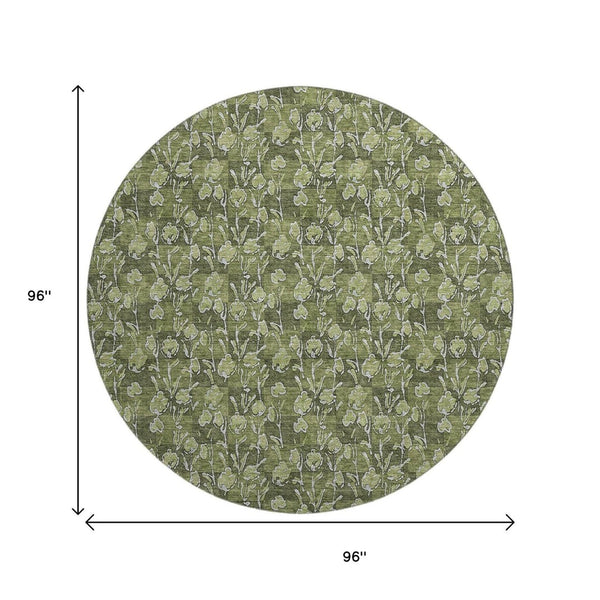 HomeRoots 8' Olive Green Floral Round Rug with UV Protection - Durable, Washable, and Ideal for Indoor/Outdoor Use 656457