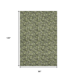 HomeRoots 8' X 10' Olive Green & Ivory Floral Area Rug - Washable, UV Protected, Stain-Resistant, Durable Design 656458