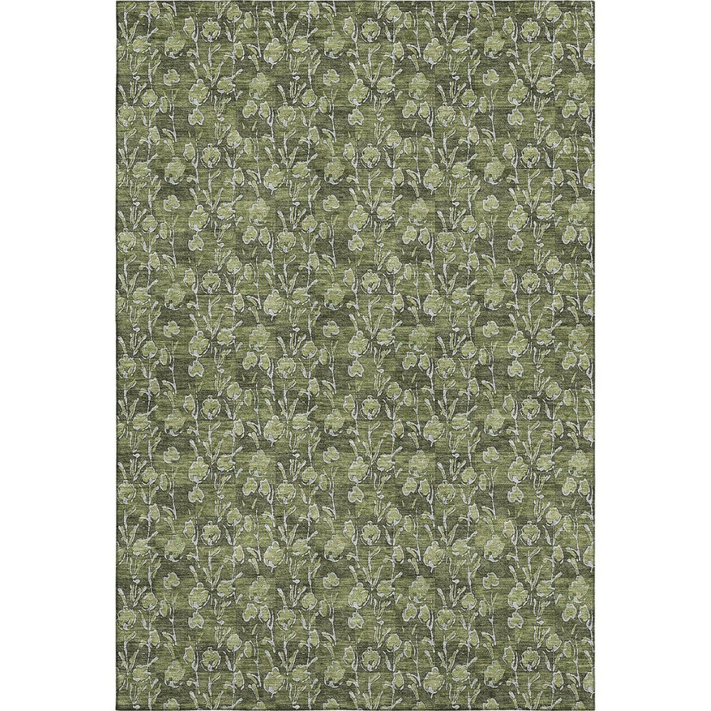 HomeRoots 8' X 10' Olive Green & Ivory Floral Area Rug - Washable, UV Protected, Stain-Resistant, Durable Design 656458