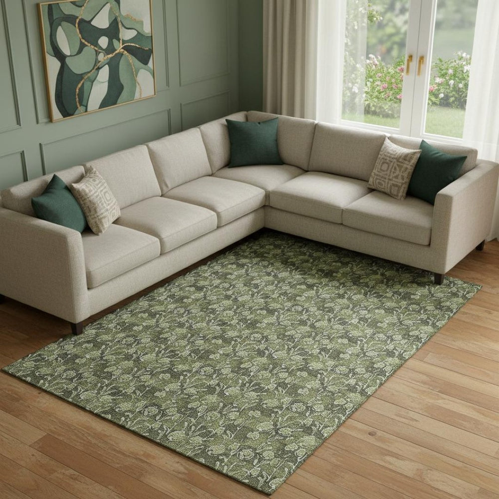 HomeRoots 8' X 10' Olive Green & Ivory Floral Area Rug - Washable, UV Protected, Stain-Resistant, Durable Design 656458