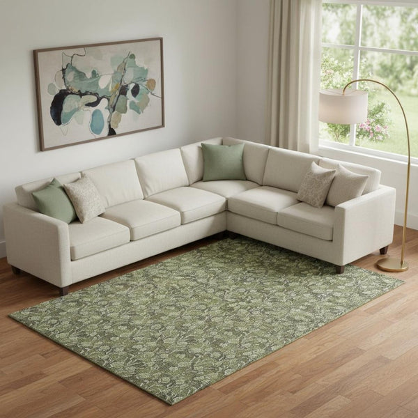 HomeRoots 10' X 14' Olive Green & Ivory Floral Washable Area Rug – UV Protected, Durable, Easy Care Home Accent 656460