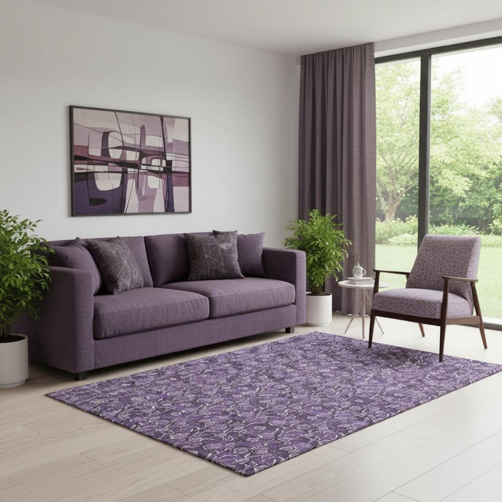 HomeRoots 5' X 8' Floral Purple and Ivory Area Rug – Washable, Stain Resistant, UV Protected for Homes 656462