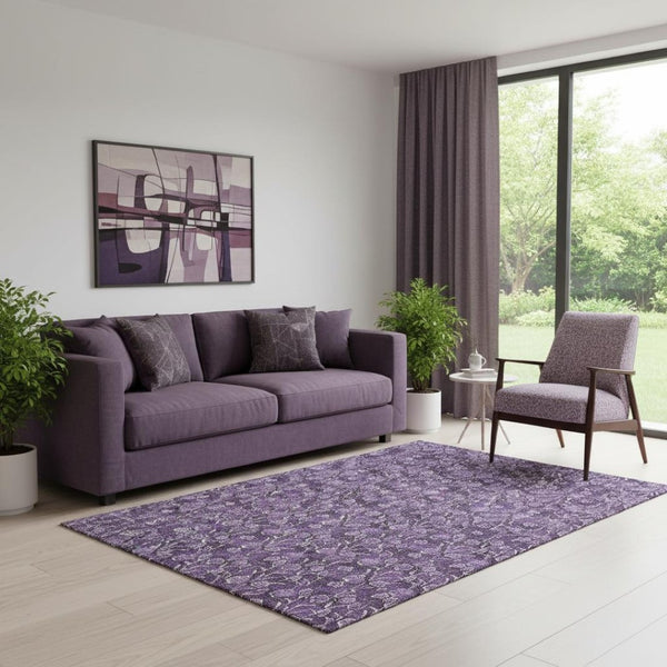 HomeRoots 5' X 8' Floral Purple and Ivory Area Rug – Washable, Stain Resistant, UV Protected for Homes 656462