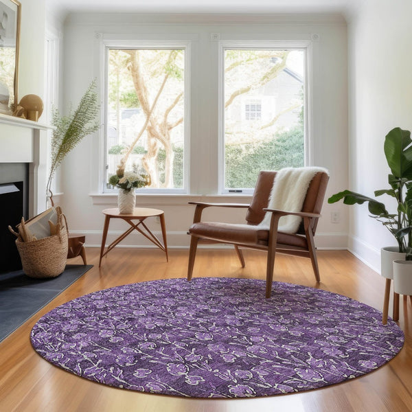 HomeRoots 8' Purple Floral Washable Round Rug with UV Protection - Durable, Stain-Resistant, Elegant Design 656463