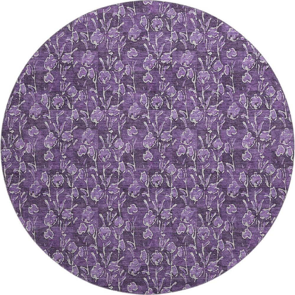 HomeRoots 8' Purple Floral Washable Round Rug with UV Protection - Durable, Stain-Resistant, Elegant Design 656463