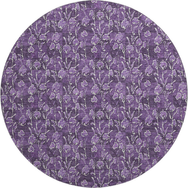 HomeRoots 8' Purple Floral Washable Round Rug with UV Protection - Durable, Stain-Resistant, Elegant Design 656463