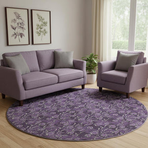 HomeRoots 8' Purple Floral Washable Round Rug with UV Protection - Durable, Stain-Resistant, Elegant Design 656463