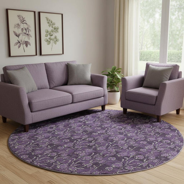 HomeRoots 8' Purple Floral Washable Round Rug with UV Protection - Durable, Stain-Resistant, Elegant Design 656463
