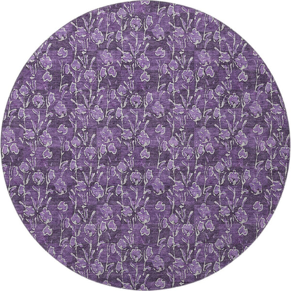HomeRoots 8' Purple Floral Washable Round Rug with UV Protection - Durable, Stain-Resistant, Elegant Design 656463