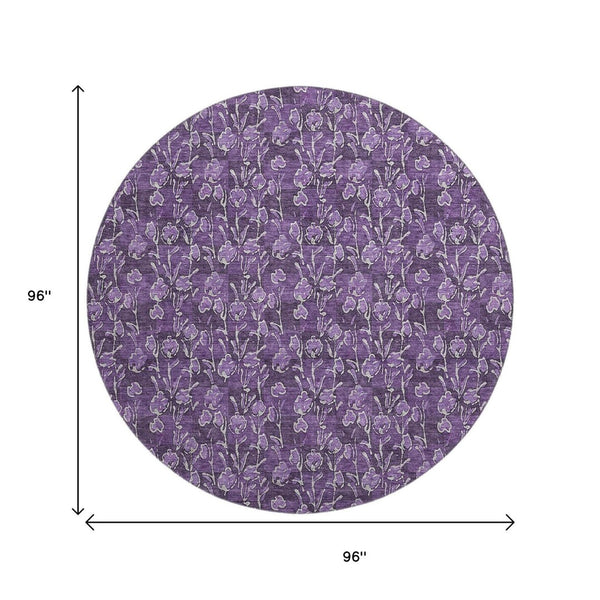 HomeRoots 8' Purple Floral Washable Round Rug with UV Protection - Durable, Stain-Resistant, Elegant Design 656463