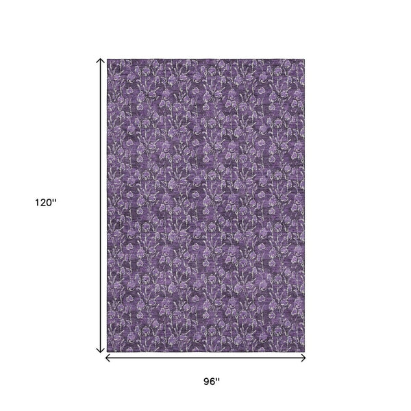 HomeRoots 8' X 10' Floral Washable Area Rug in Purple & Ivory - Durable, Stain Resistant, UV Protected Design 656464