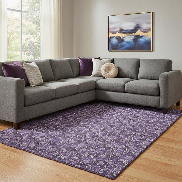 HomeRoots 9' X 12' Purple and Ivory Floral Washable Area Rug - Durable, UV Protected & Easy-Care Design for Homes 656465