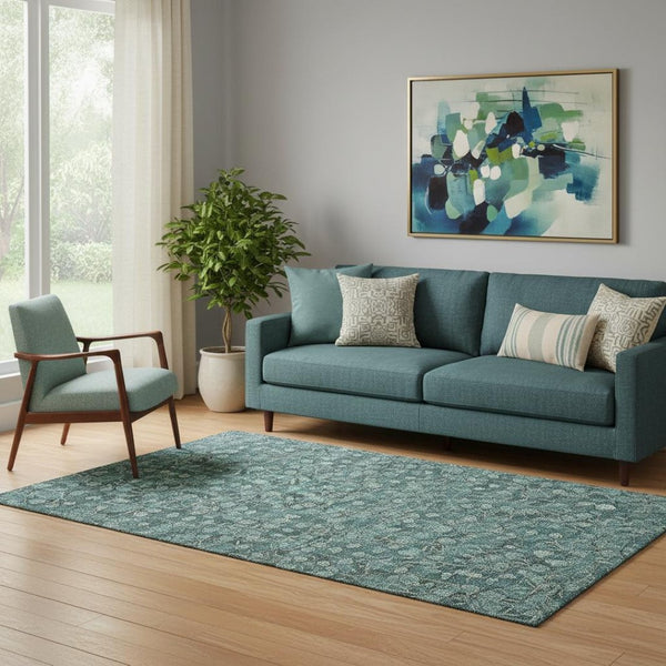 HomeRoots 5' X 8' Teal and Ivory Floral Area Rug - Stain-Resistant, UV Protected, Soft & Stylish Comfort 656468