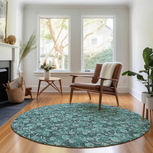 HomeRoots 8' Teal and Ivory Floral Round Rug – Washable, UV Protected, Durable, Ideal for Busy Homes & Kids 656469