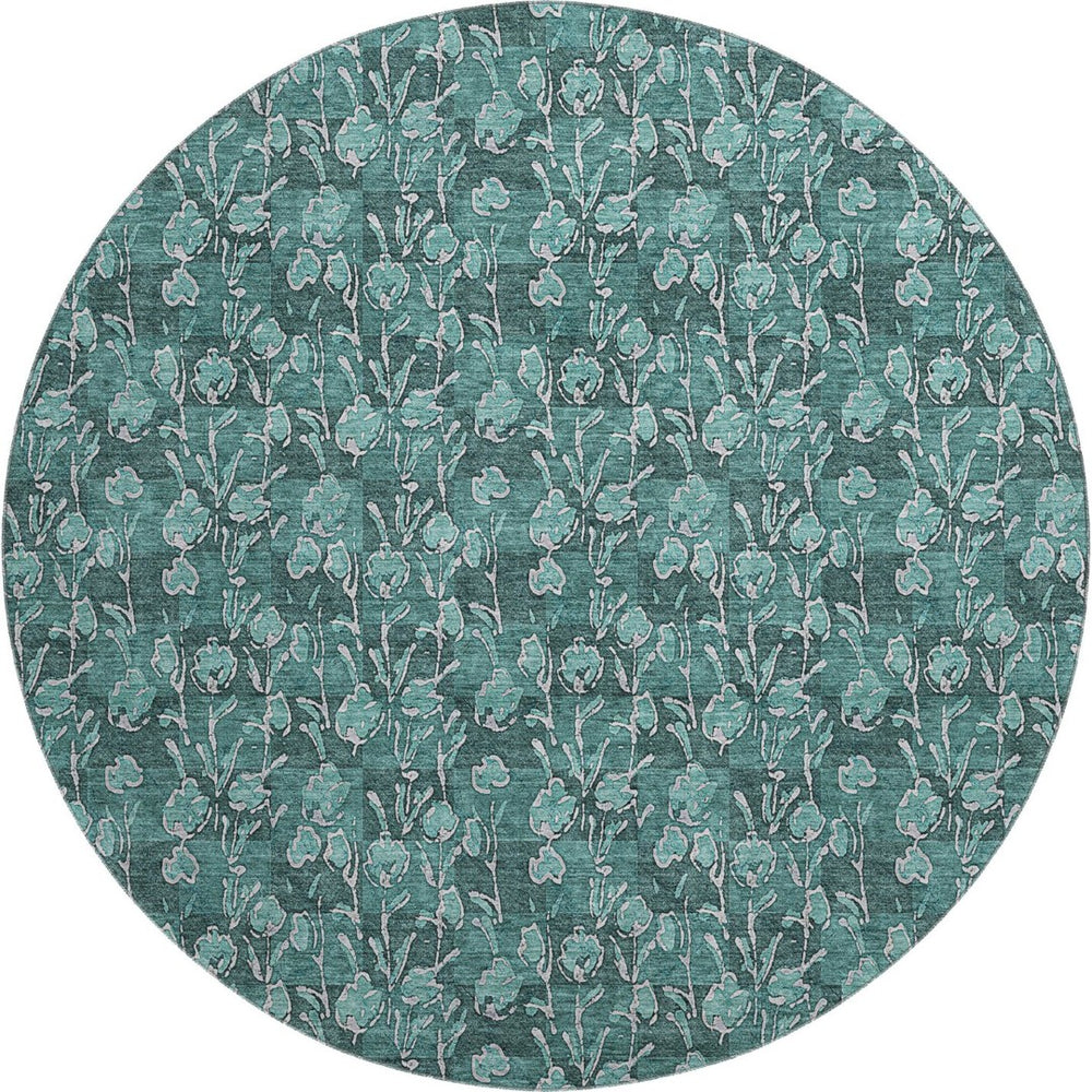 HomeRoots 8' Teal and Ivory Floral Round Rug – Washable, UV Protected, Durable, Ideal for Busy Homes & Kids 656469