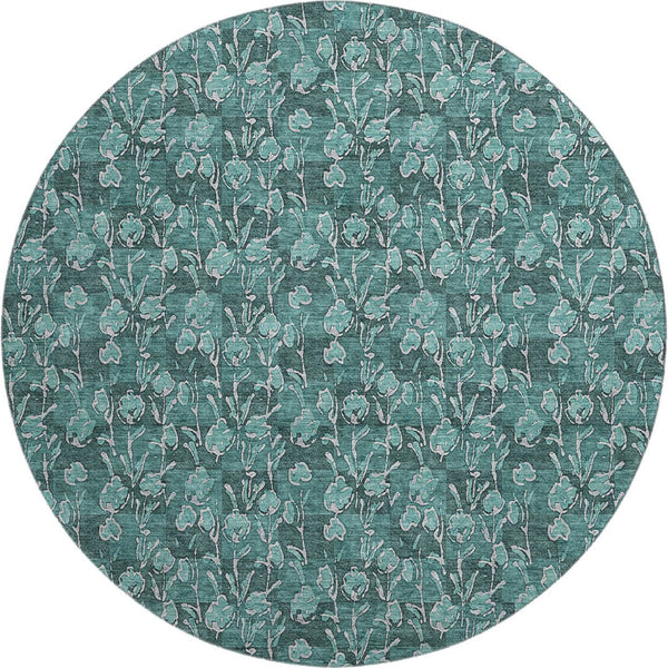 HomeRoots 8' Teal and Ivory Floral Round Rug – Washable, UV Protected, Durable, Ideal for Busy Homes & Kids 656469