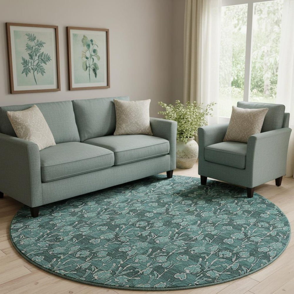 HomeRoots 8' Teal and Ivory Floral Round Rug – Washable, UV Protected, Durable, Ideal for Busy Homes & Kids 656469