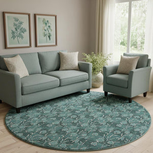 HomeRoots 8' Teal and Ivory Floral Round Rug – Washable, UV Protected, Durable, Ideal for Busy Homes & Kids 656469