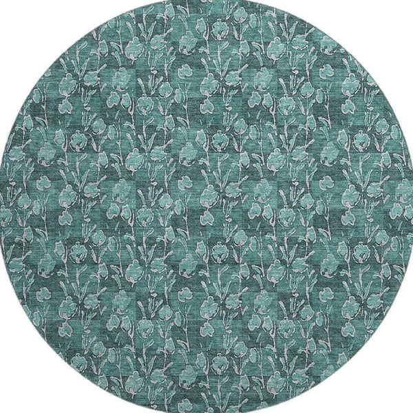 HomeRoots 8' Teal and Ivory Floral Round Rug – Washable, UV Protected, Durable, Ideal for Busy Homes & Kids 656469