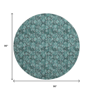 HomeRoots 8' Teal and Ivory Floral Round Rug – Washable, UV Protected, Durable, Ideal for Busy Homes & Kids 656469