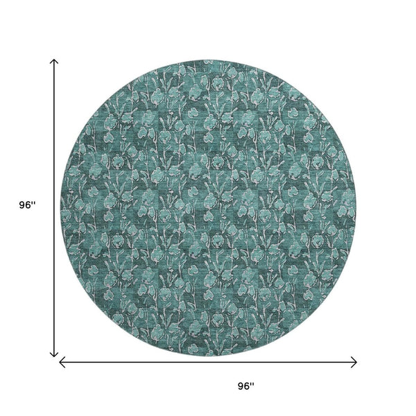 HomeRoots 8' Teal and Ivory Floral Round Rug – Washable, UV Protected, Durable, Ideal for Busy Homes & Kids 656469