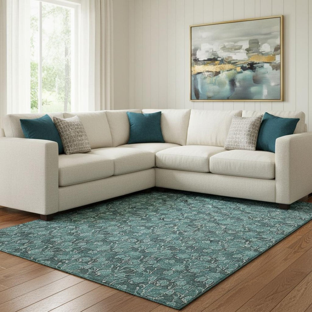 HomeRoots 8' X 10' Teal & Ivory Floral Area Rug – Washable, Stain-Resistant, UV Protected for High-Traffic Spaces 656470