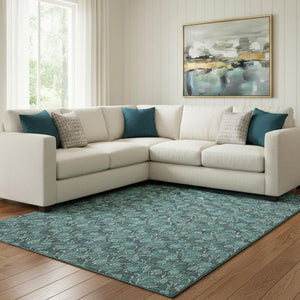 HomeRoots 8' X 10' Teal & Ivory Floral Area Rug – Washable, Stain-Resistant, UV Protected for High-Traffic Spaces 656470