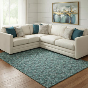 HomeRoots 9' X 12' Teal and Ivory Floral Area Rug - Washable, UV-Protected, Stylish Design for Busy Homes 656471