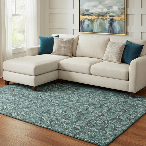 HomeRoots 10' X 14' Teal & Ivory Floral Area Rug - Durable, Washable, UV-Protected for Stylish Living Spaces 656472