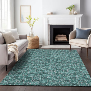 HomeRoots 10' X 14' Teal & Ivory Floral Area Rug - Durable, Washable, UV-Protected for Stylish Living Spaces 656472