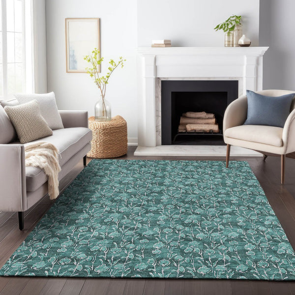 HomeRoots 10' X 14' Teal & Ivory Floral Area Rug - Durable, Washable, UV-Protected for Stylish Living Spaces 656472