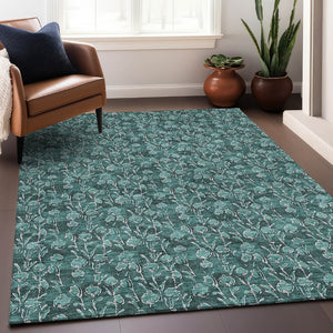 HomeRoots 10' X 14' Teal & Ivory Floral Area Rug - Durable, Washable, UV-Protected for Stylish Living Spaces 656472