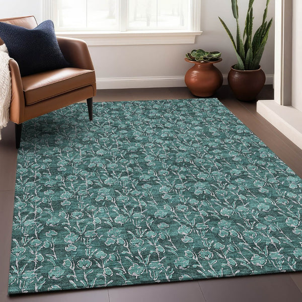 HomeRoots 10' X 14' Teal & Ivory Floral Area Rug - Durable, Washable, UV-Protected for Stylish Living Spaces 656472