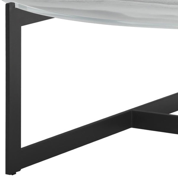 HomeRoots 40" Modern Round Coffee Table with White Glass Top and Sturdy Black Iron Frame for Stylish Living Spaces 656475