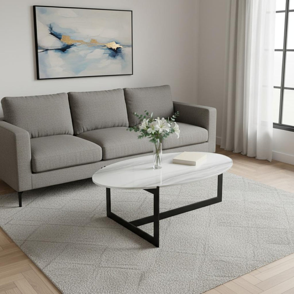HomeRoots 40" Modern Round Coffee Table with White Glass Top and Sturdy Black Iron Frame for Stylish Living Spaces 656475