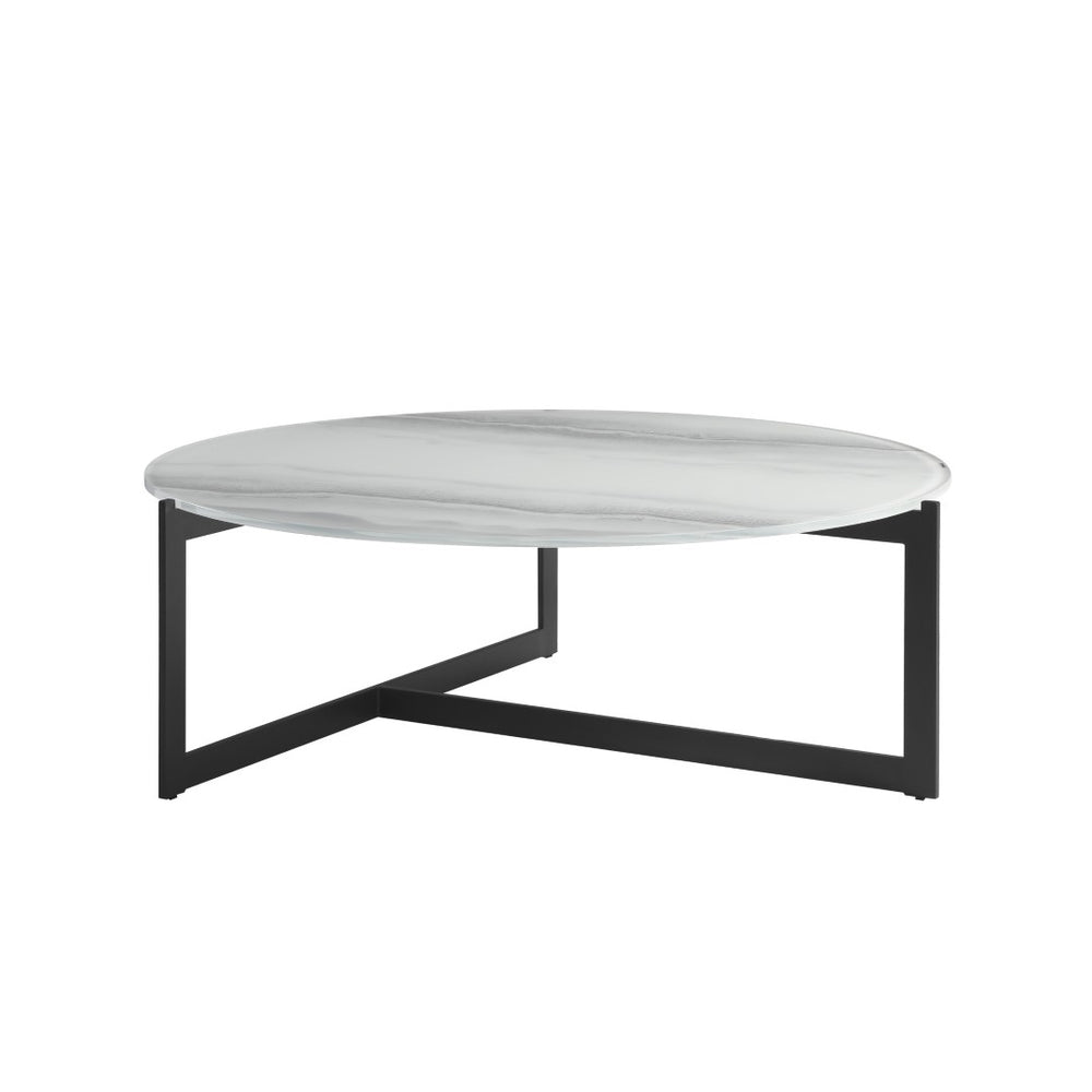 HomeRoots 40" Modern Round Coffee Table with White Glass Top and Sturdy Black Iron Frame for Stylish Living Spaces 656475