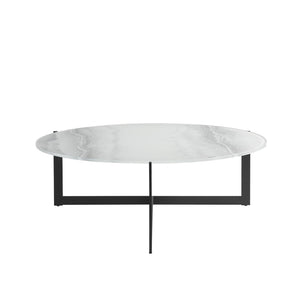 HomeRoots 40" Modern Round Coffee Table with White Glass Top and Sturdy Black Iron Frame for Stylish Living Spaces 656475