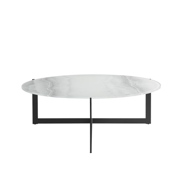 HomeRoots 40" Modern Round Coffee Table with White Glass Top and Sturdy Black Iron Frame for Stylish Living Spaces 656475